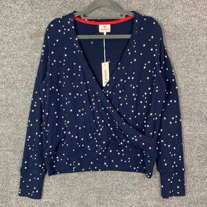 NEW Sundry Sweater Women Long Sleeve Sewn Crossover V-Neck Star‎ Print Navy Sz 1